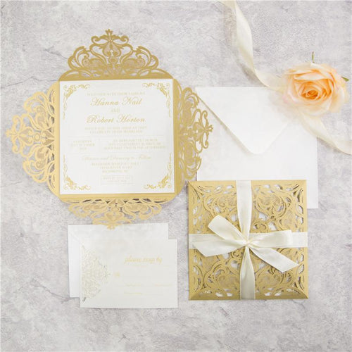 gold laser cut wedding invitation with ribbon DIY Set