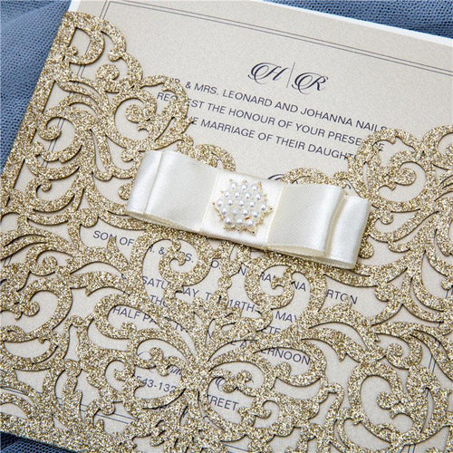 glitter gold laser cut sleeve wedding invitation