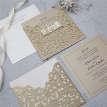 glitter gold laser cut sleeve wedding invitation