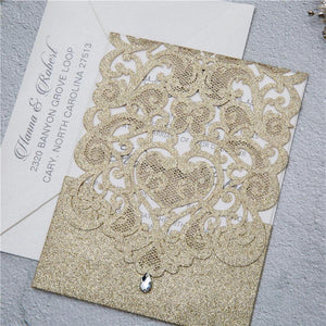 glitter gold laser cut pocket wedding invitation with crystal drop