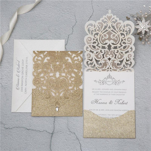 glitter gold laser cut pocket wedding invitation with crystal drop