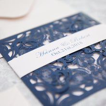 navy laser cut wedding invitation with belly band DIY Set