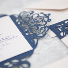 navy laser cut wedding invitation with belly band DIY Set