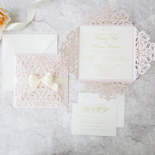 blush laser cut wedding invitation with cream ribbon DIY Set