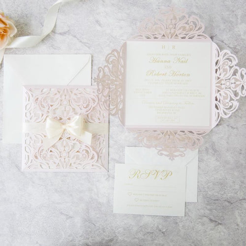 blush laser cut wedding invitation with cream ribbon DIY Set