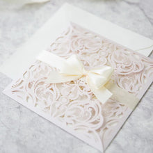 blush laser cut wedding invitation with cream ribbon DIY Set
