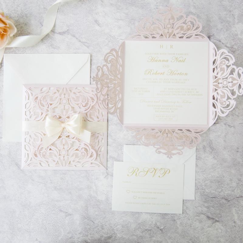blush laser cut wedding invitation with cream ribbon DIY Set