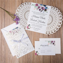 boho doily inspired look wedding invitation with lavendar ribbon DIY set