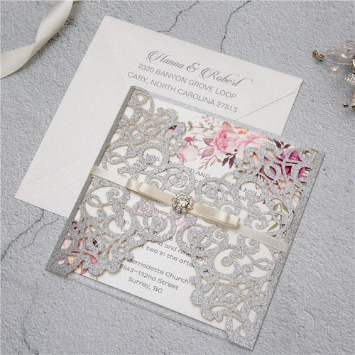 silver glitter gate fold laser cut wedding invitation