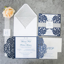navy laser cut wedding invitation with silver glitter belly band DIY Set