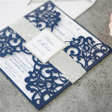 navy laser cut wedding invitation with silver glitter belly band DIY Set