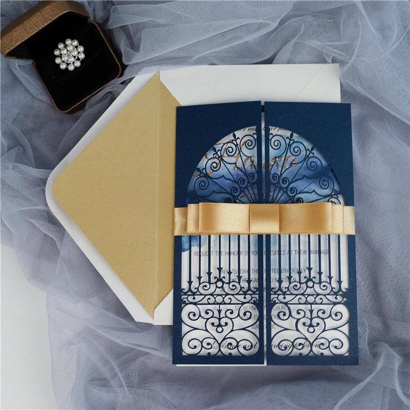 navy blue laser cut gate fold weddig invitation