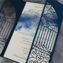 navy blue laser cut gate fold weddig invitation