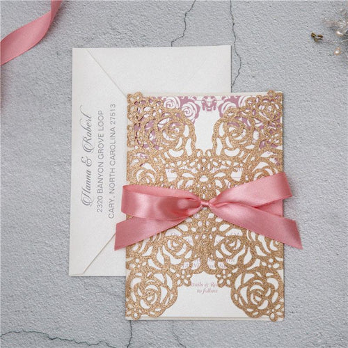 rose gold glitter laser cut wedding invitation