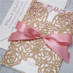 rose gold glitter laser cut wedding invitation