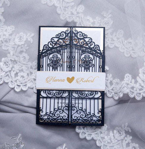 navy blue laser cut gate fold weddig invitation