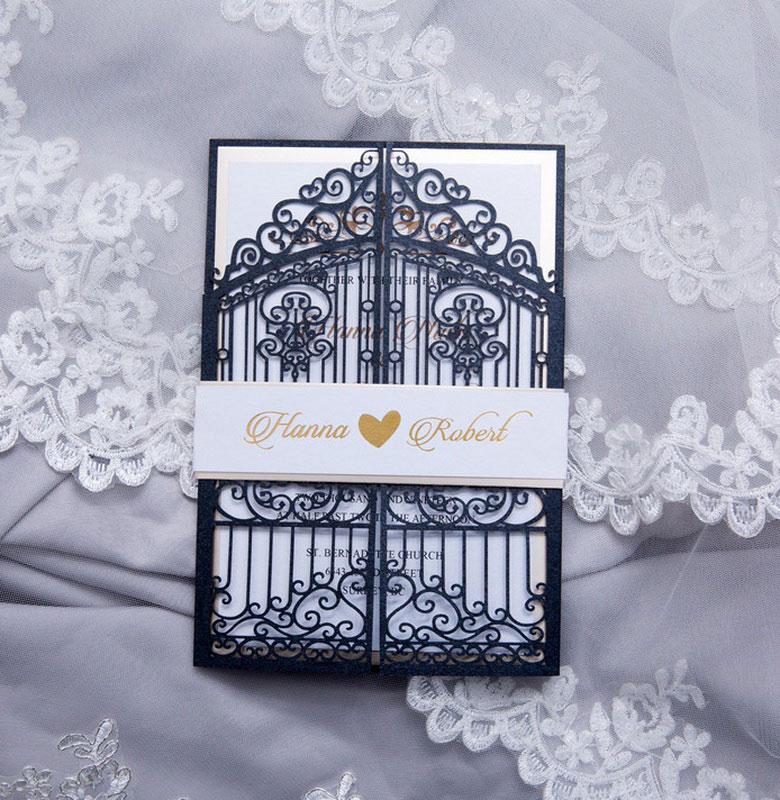 navy blue laser cut gate fold weddig invitation
