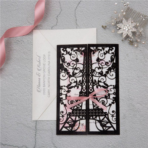 eiffel tower black glitter laser cut invitation