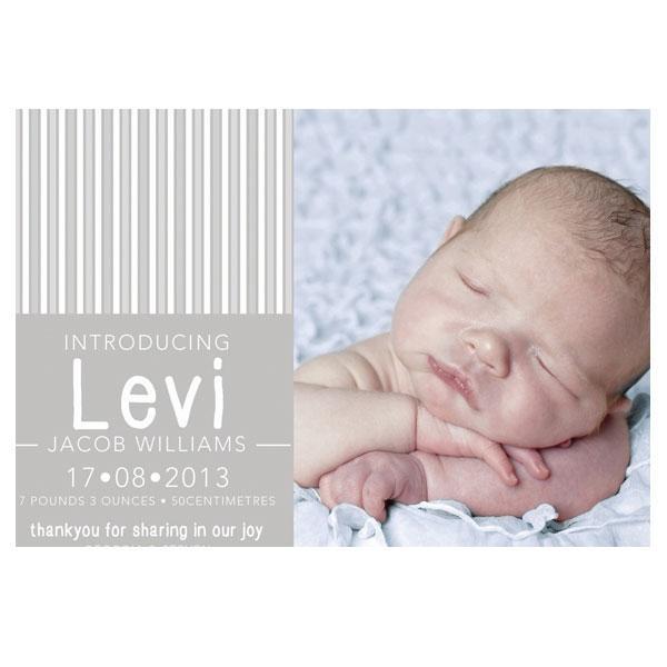 baby boy announcement card with grey stripes