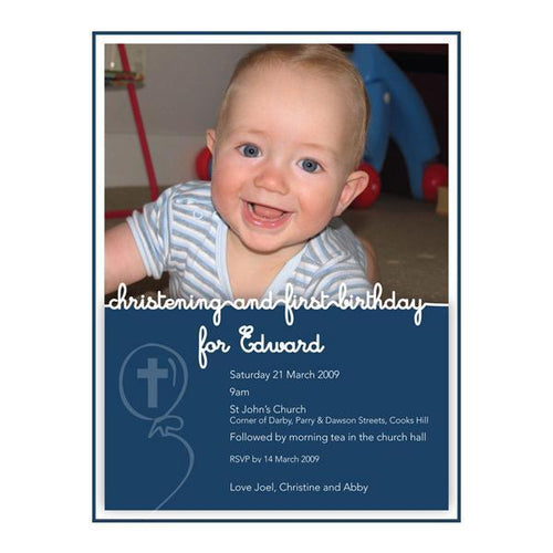 Blue christening invitation featuring a balloon & religious cross