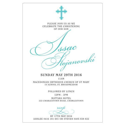 Blue christening invitation with religious cross