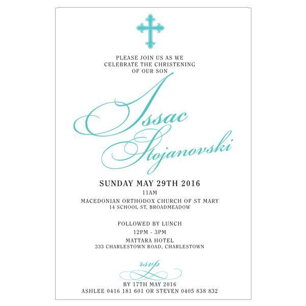 Blue christening invitation with religious cross