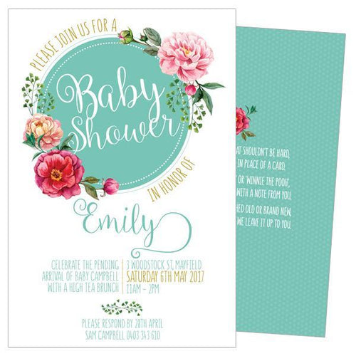 teal baby shower invitation with flower wreath