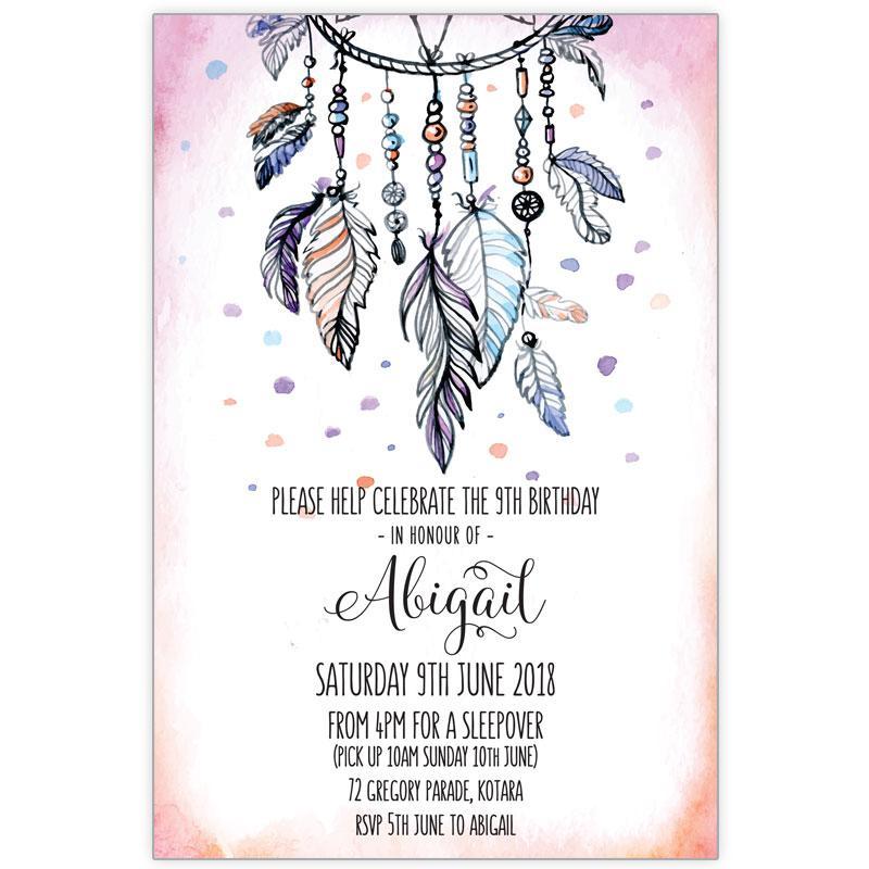 9th birthday party invitation with dreamcatcher feathers