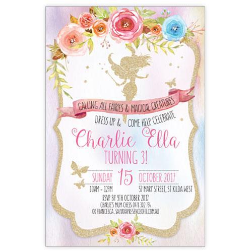 gold glitter fairy 3year old birthday invitation