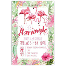 flamingo themed birthday invitation watercolour pink and green leaves