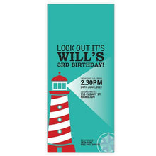Nautical lighthouse themed birthday invitation.