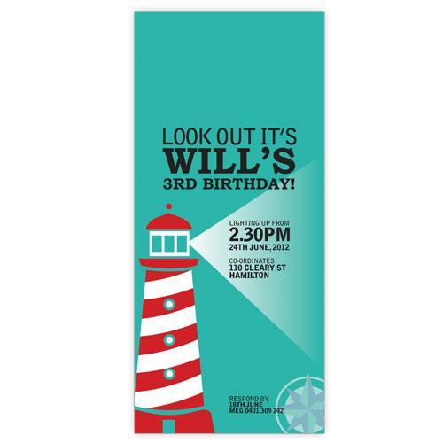 Nautical lighthouse themed birthday invitation.
