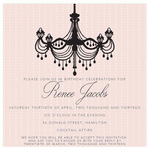 Birthday invitation with chandelier.