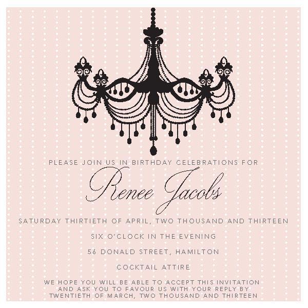 Birthday invitation with chandelier.