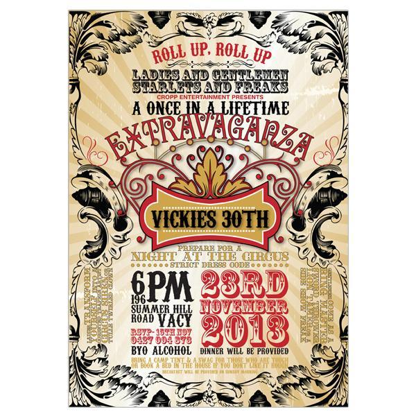 Circus themed 30th birthday invitation.