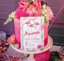 flamingo themed birthday invitation watercolour pink and green leaves