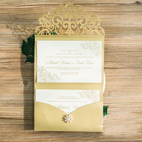 gold laser cut pocket wedding invitation