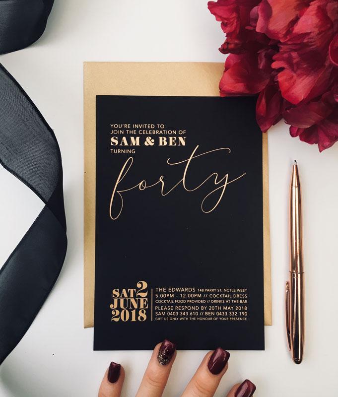 black and gold 40th birthday invitation 