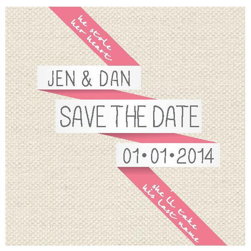 save the date card design with burlap and ribbon