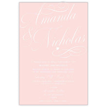 Classic swirl blush wedding invitation features small heart.