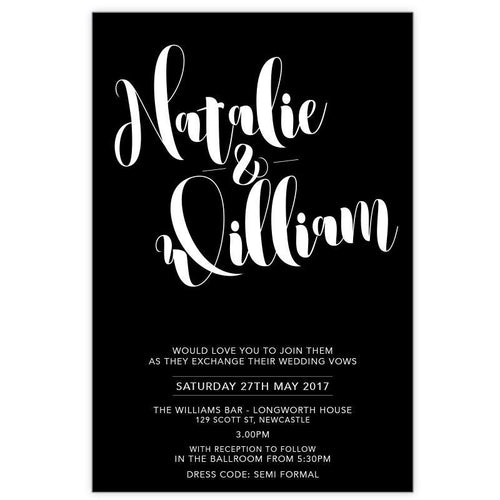 Stylish black and white wedding invitation white ink printing