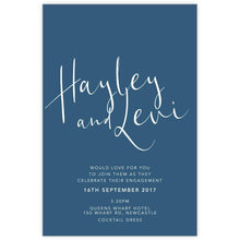 China blue scripted wedding invitation in white ink printing