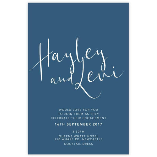 China blue scripted wedding invitation in white ink printing