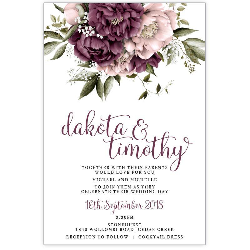 watercolour pink and burgundy peonies wedding invitation