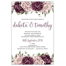 watercolour pink and burgundy peonies wedding invitation