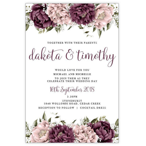 watercolour pink and burgundy peonies wedding invitation