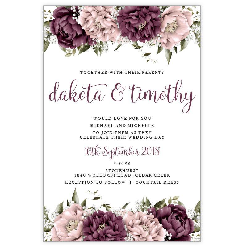watercolour pink and burgundy peonies wedding invitation