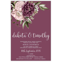 watercolour pink and burgundy peonies wedding invitation