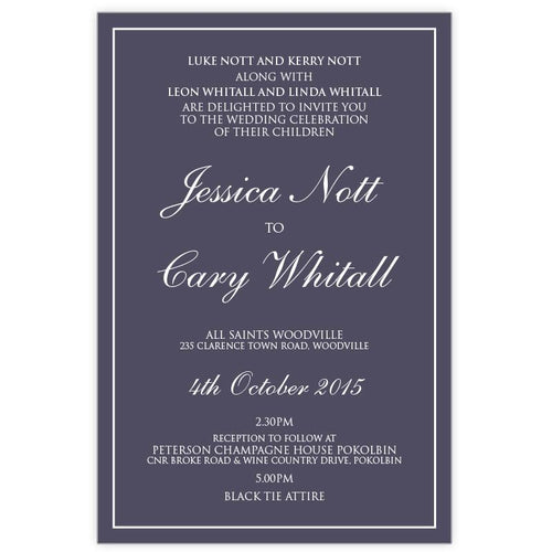 classic mulberry wedding invitation with white ink printing