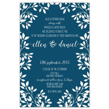 Rustic wedding invitation with leaf border printed in white ink